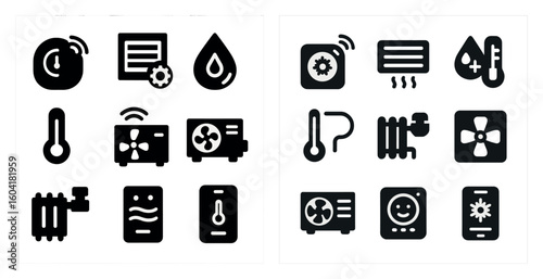 Heating and cooling solid icons set – hvac, temperature, climate control symbols