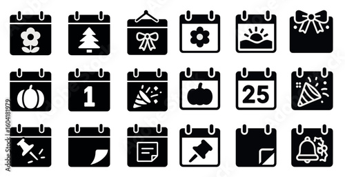 Holiday and event silhouette icons set – solid, filled, calendar and celebration symbols