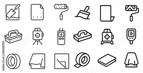Construction tools outline icons set – flat, linear, building and diy symbols