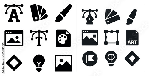 Graphic design tools solid icons set – outline, filled, creative software symbols