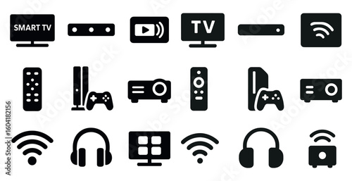 Home entertainment filled icons set – solid, tv, gaming, and audio symbols
