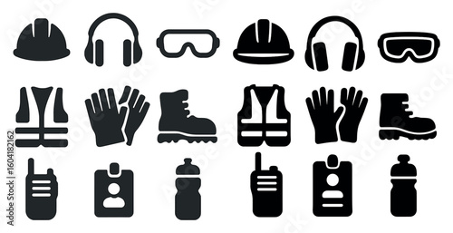 Construction and safety silhouette icons set – solid, filled, protective equipment symbols