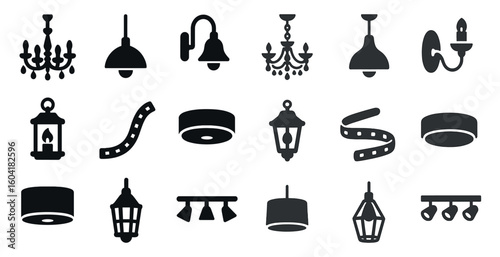 Lighting icons set – silhouette, solid, lamps and chandelier symbols