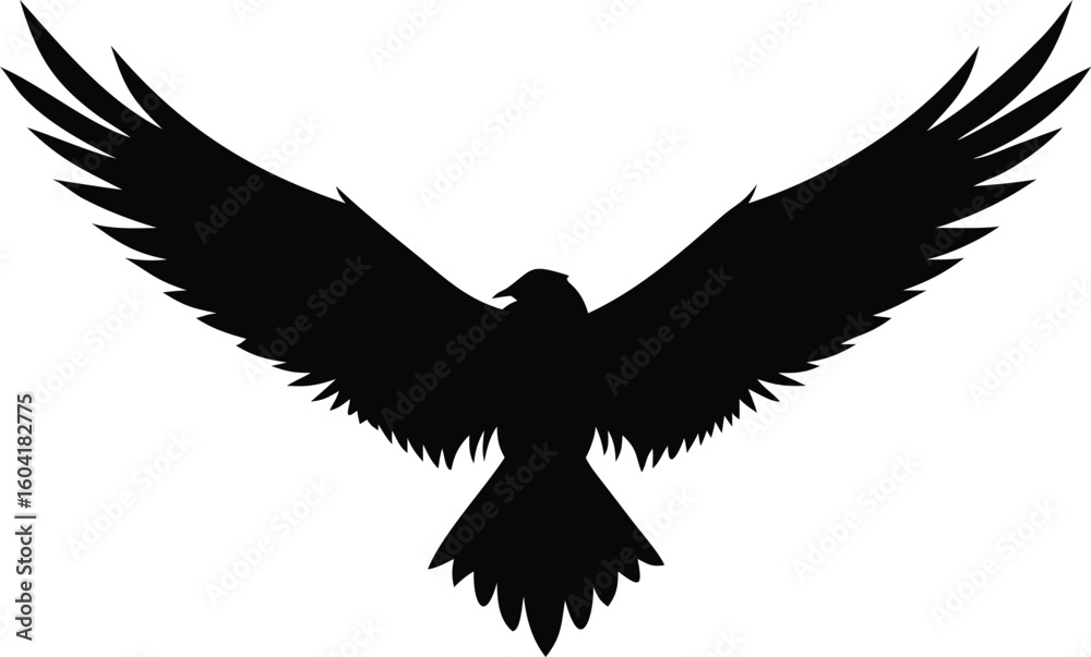 Fototapeta premium Black Bird Silhouette with Outspread Wings Soaring Against White Background, Raven or Eagle