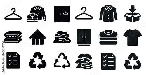 Laundry essentials filled icons set – clean, solid, clothes washing symbols