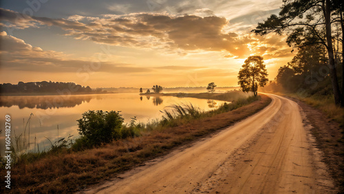 Road to Serenity: An ethereal scene unfolds at dawn, as a winding dirt road leads toward a tranquil lake reflecting the warm hues of sunrise, the path enveloped by nature's gentle embrace.