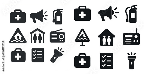 Emergency preparedness solid icons set – safety, alert, disaster symbols