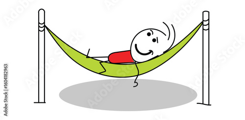 Stick figure relaxing in hammock with happy smile showing leisure break vacation concept in minimal hand drawn cartoon illustration style
