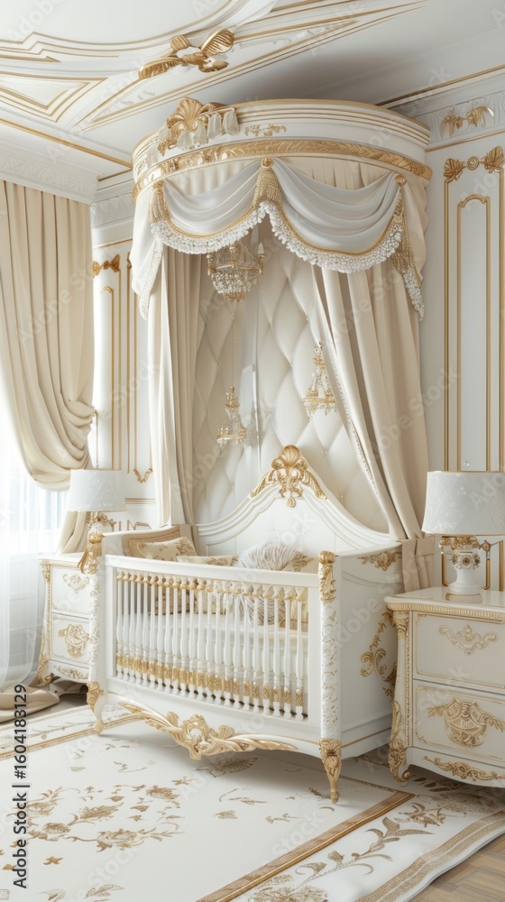 Renaissance Baby Nursery White Gold Baroque Crib Canopy Night Stands Renaissance Baby Nursery White Gold Baroque Crib Canopy Night Stands