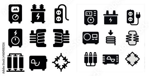 Electrical equipment solid icons set – filled, silhouette, power and voltage symbols