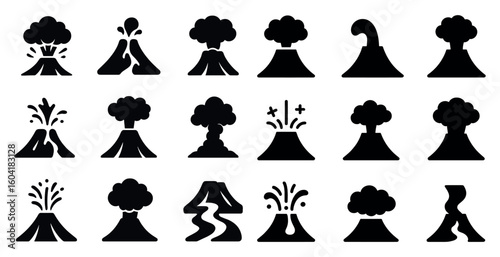 Volcano silhouette icons set – solid, eruption, natural disaster symbols