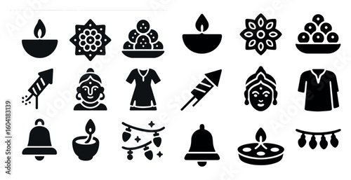 Diwali festival solid icons set – filled, celebration, decorative symbols
