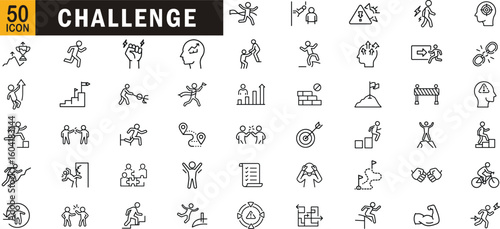Challenge editable outline icon set. Goal, growth, effort, struggle, ambition, motivation and more.