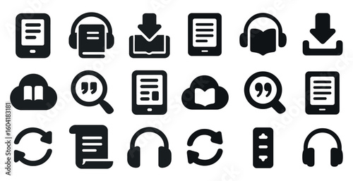 Audiobooks and e-reading solid icons set – filled, book, listening visuals