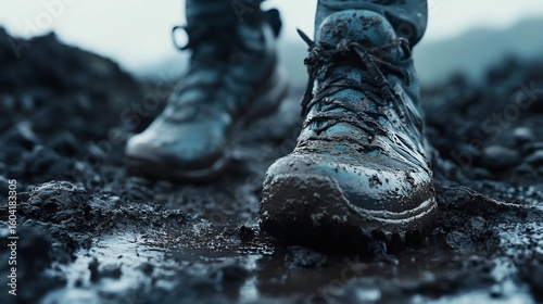 Trail running shoes a muddy mountain trail with dynamic lighting no human no labelling no logo