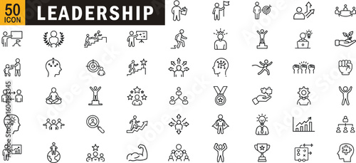 Leadership editable outline icon set. Growth, motivation, strategy, teamwork, management, success and more.