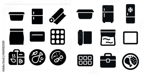 Food preservation solid icons set – filled, silhouette, kitchen and storage symbols