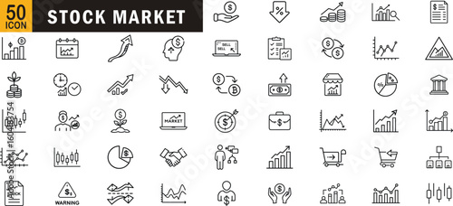 Stock market editable outline icon set. Investment, trading, growth, finance, data, analysis and more.