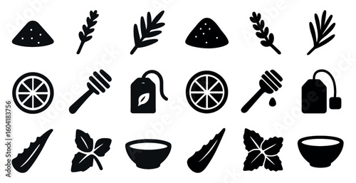 Herbs and spice solid icons set – filled, culinary, aromatic ingredient symbols