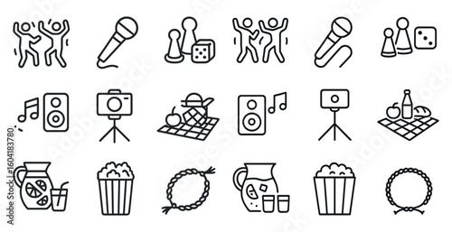 Music and picnic outline icons set – line, leisure, entertainment symbols