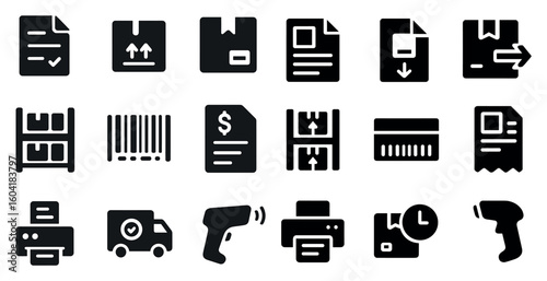 Document management solid icons set – files, storage, data organization symbols