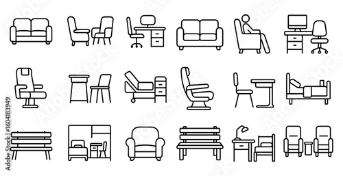 Furniture and seating line icons set – outline, simple, home and office decor symbols