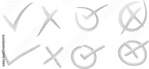 Minimal white check marks and cross symbols in brush style set on transparent background. Perfect for UI, feedback icons, survey forms, or modern interface design elements.