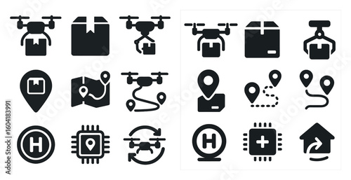 Drone delivery silhouette icons set – logistics, shipping, transport symbols