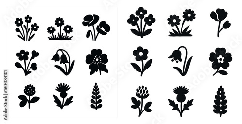 Floral silhouette icons set – botanical, nature, floral-themed graphics