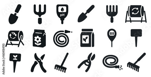 Gardening tools solid icons set – filled, yard, landscaping essentials
