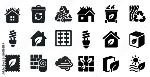 Eco-friendly solid icons set – sustainability, green living, environmental symbols