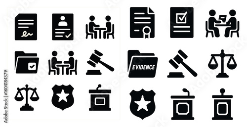 Legal and justice filled icons set – solid, contract, courtroom symbols