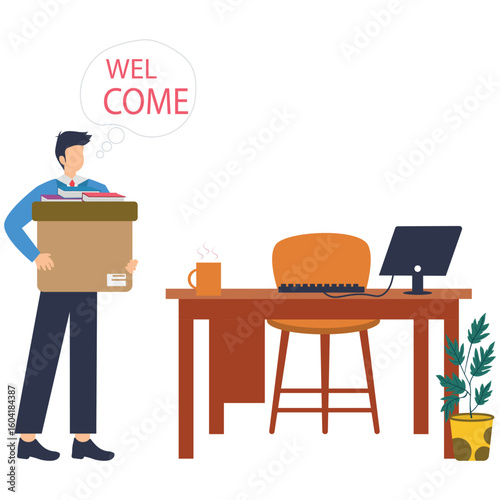 Flat illustration businessman walk to welcoming office desk hold box symbolizing starting new job stock illustration