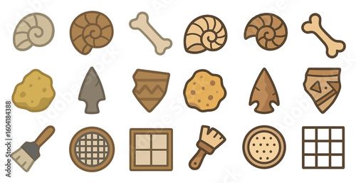 Archaeology outline icons set – flat, linear, excavation and historical discovery pictograms
