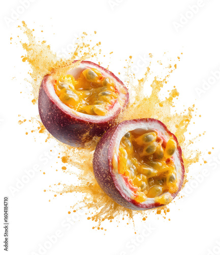 Passion fruit halves in a burst of juice