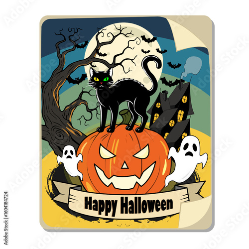 Black cat standing on carved pumpkin with ghosts, haunted house, bats, full moon and spooky tree. Cartoon illustration with 