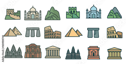 Historic landmarks icons set – outline, linear, monuments and famous sites graphics