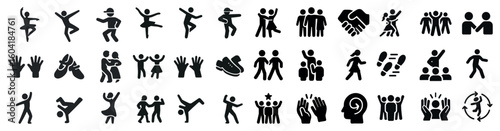 Dance and teamwork silhouette icons set – outline, people, movement symbols