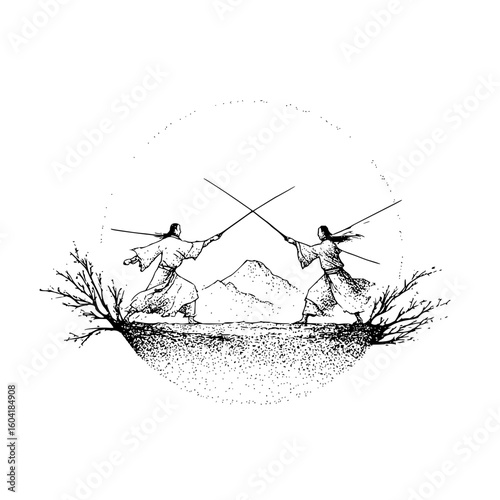 Two figures in robes engaged in a sword fight on a landscape with mountains in the background in black and white