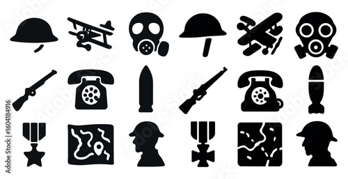 Military and warfare solid icons set – silhouette, army, combat symbols for design