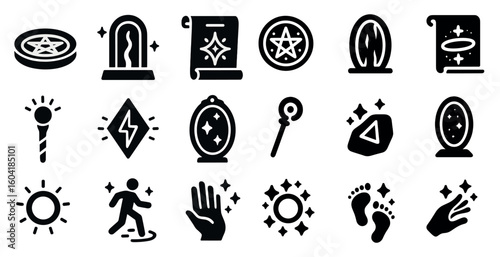 Magic and fantasy solid icons set – filled, enchanted, mythical symbols collection