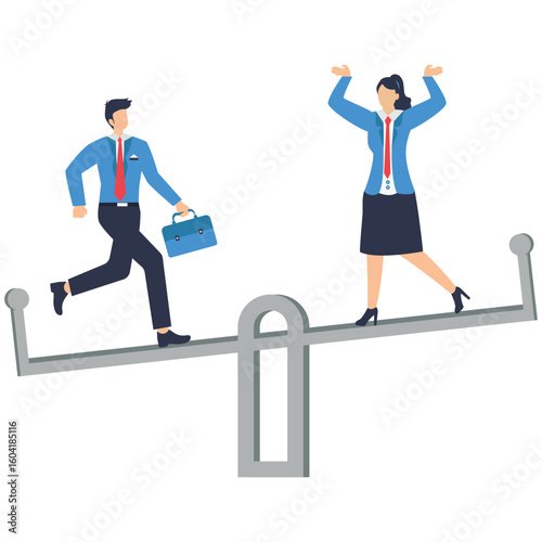 Businessman and businesswoman balancing on equal seesaw stock illustration