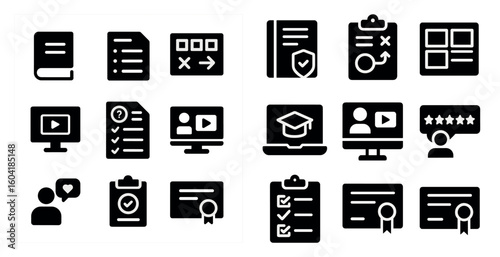 Education and learning solid icons set – filled, online courses, academic symbols