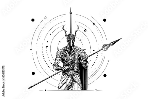 Illustration of an armored warrior holding a spear with geometric elements in the background design art