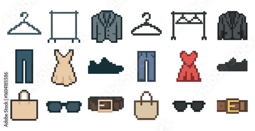 Fashion and clothing icons set – pixel art, boutique, apparel design symbols