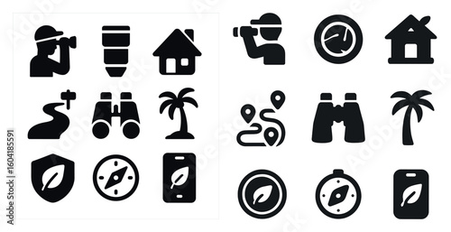Travel and exploration solid icons set – silhouette, journey, adventure symbols