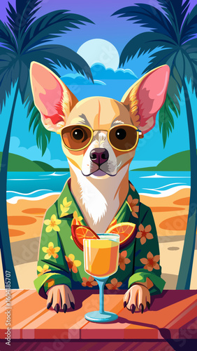 A playful vector illustration of a Chihuahua in sunglasses and a floral shirt, enjoying a tropical drink at a beachside setting surrounded by palm trees. Ideal for vacation and travel concepts.