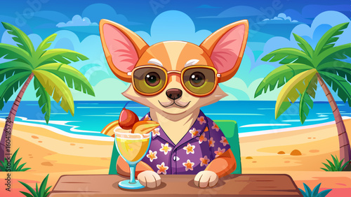 A cheerful cartoon chihuahua wearing sunglasses and a floral shirt by the beach. The bright scene showcases lush palm trees, clear blue skies, and a tropical drink, evoking relaxation and fun.