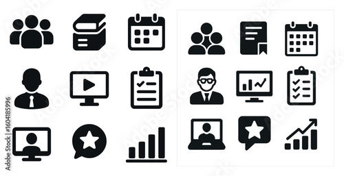 Business and office solid icons set – filled, silhouette, corporate graphics
