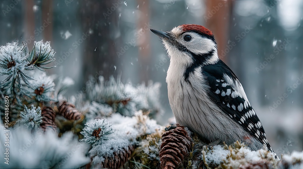 Fototapeta premium Woodpecker bird perched among snowy pinecones in a wintry forest scene, wildlife and seasonal nature background